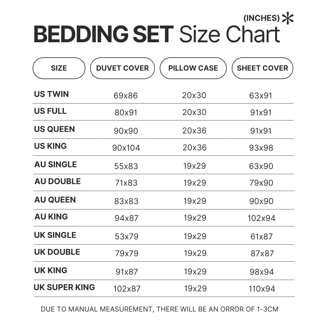 Bedding Set Size Chart - Trigun Shop