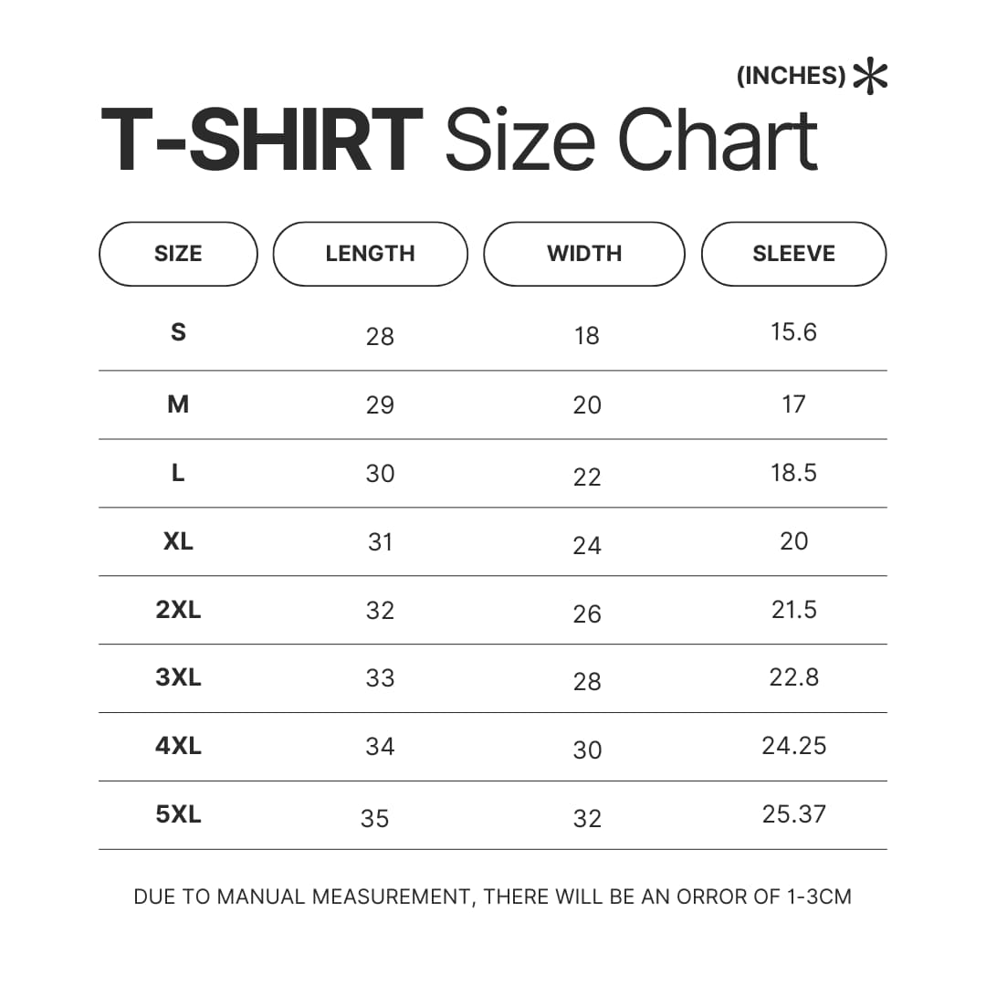 T shirt Size Chart - Trigun Shop