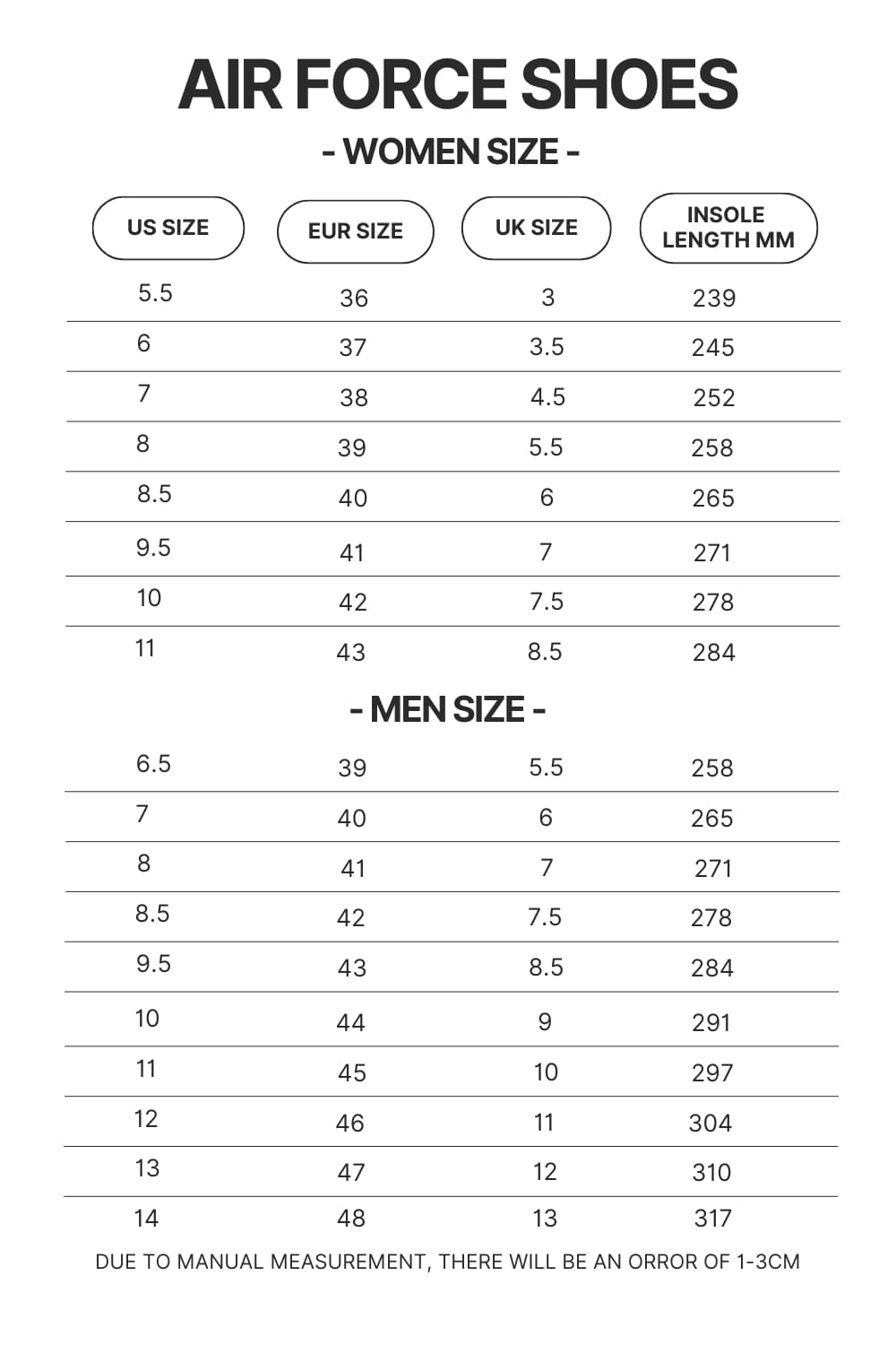 Air Force Shoes Size Chart - Trigun Shop